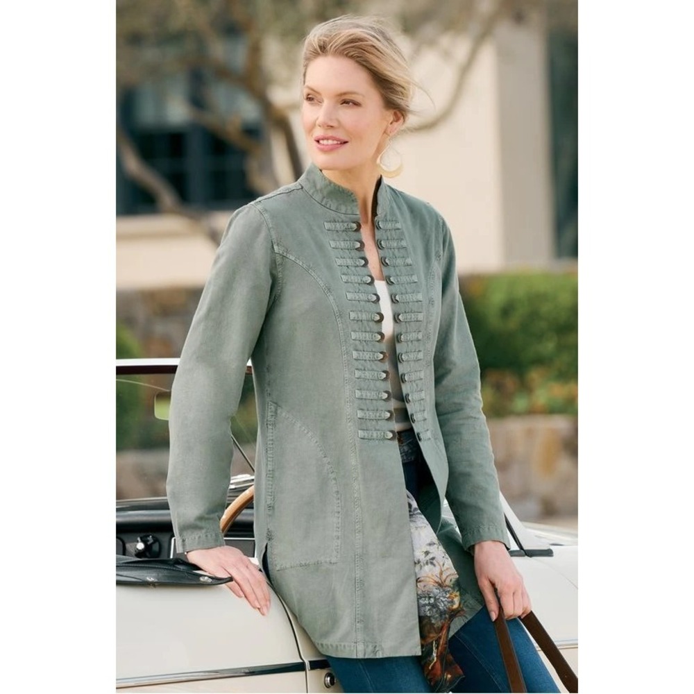 Soft Surroundings Eliana Jacket Small Green Military Open Front Button Longline